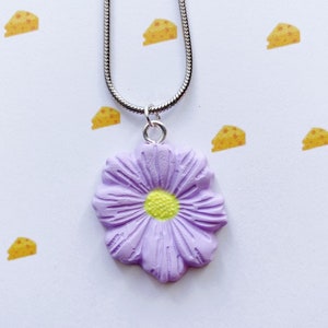 Handmade Lilac Polymer Clay Flower Necklace: Stainless Steel Chain