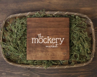 Wood stained sign mock up | instant download | flat lay | product photography | farmhouse style | tobacco basket | greenery | no frame