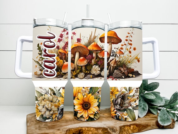 40 ounce mushroom and wildflower tumbler wih the option to personalize