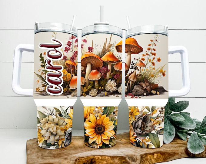 40 ounce mushroom and wildflower tumbler wih the option to personalize