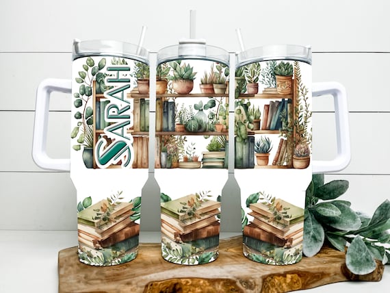 40 ounce tumbler with plants and books design option to add name