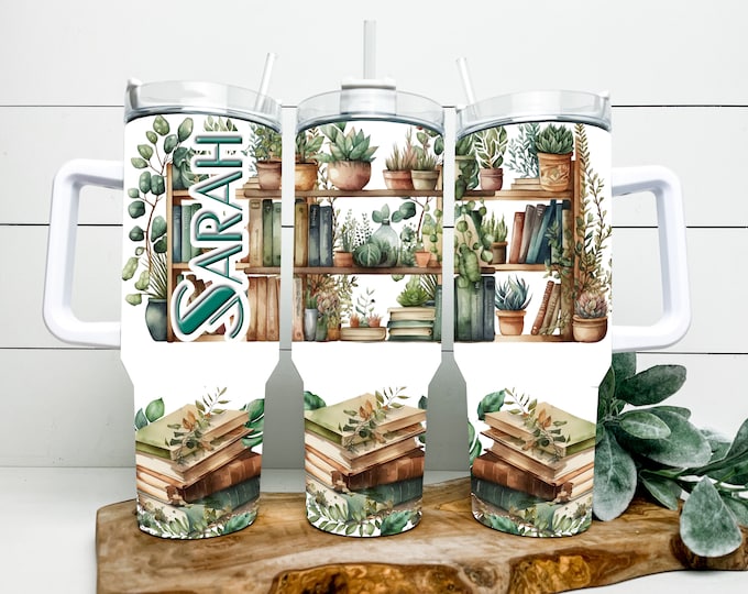 40 ounce tumbler with plants and books design option to add name