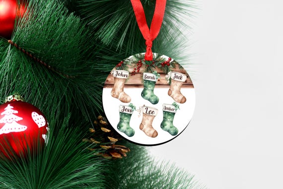 Ceramic ornament with christmas stocking design with up to 6 stockings and names