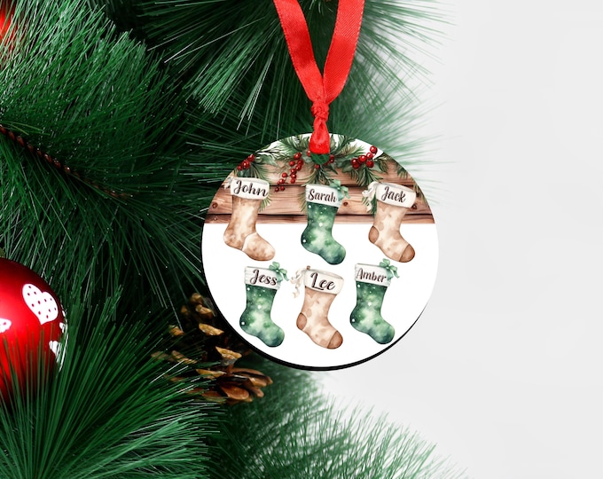 Ceramic ornament with christmas stocking design with up to 6 stockings and names