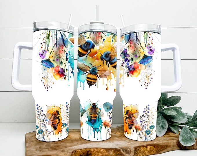 40 ounce tumbler with watercolor wildflowers and bees option to personalize