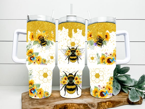 Drippy glitter honey bee with sunflowers and honey combs 40 ounce tumbler