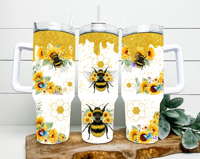 Drippy glitter honey bee with sunflowers and honey combs 40 ounce tumbler