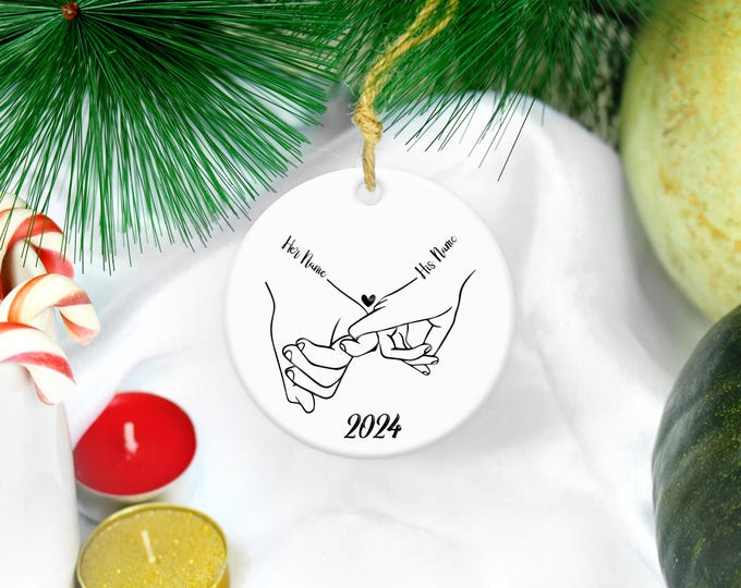 Holding hands ornament for couples with his and hers names and year option to put special message on back or even a picture