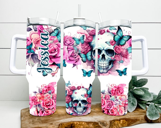 roses, skull, and butterfly 40 ounce tumbler with handle