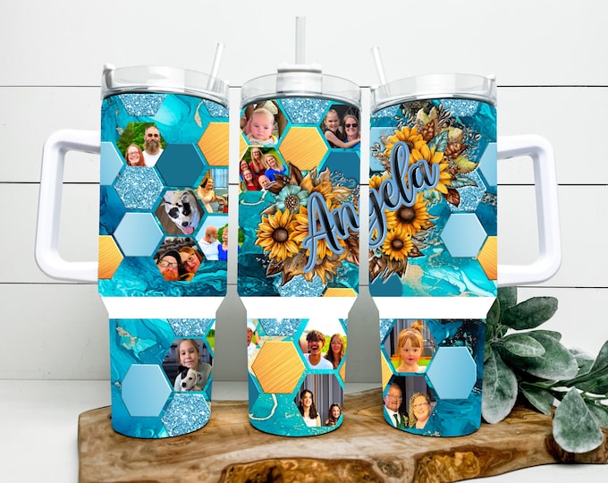 Blue Honey Comb Flower Custom Picture Tumbler  with Name 20/30/40 ounce