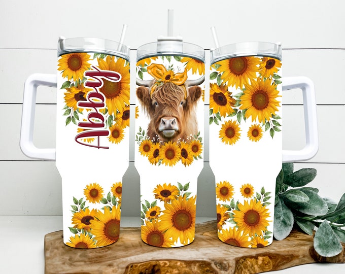 Sunflower highland cow 40 ounce tumbler with the option to personalize