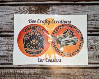 Supernatural car coasters with driver and shotgun saying