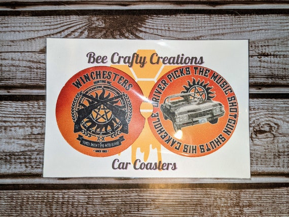 Supernatural car coasters with driver and shotgun saying