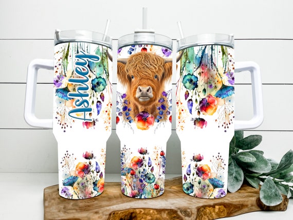 Highland Cow Tumbler: Watercolor Wildflower Design, Personalized 40 oz Handle Cup