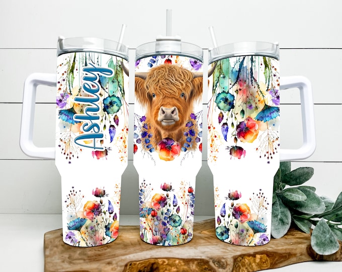 Highland Cow Tumbler: Watercolor Wildflower Design, Personalized 40 oz Handle Cup