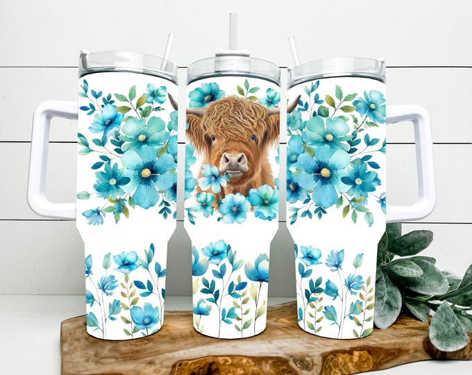 turquoise highland cow floral 40 ounce tumbler w/ option to add name