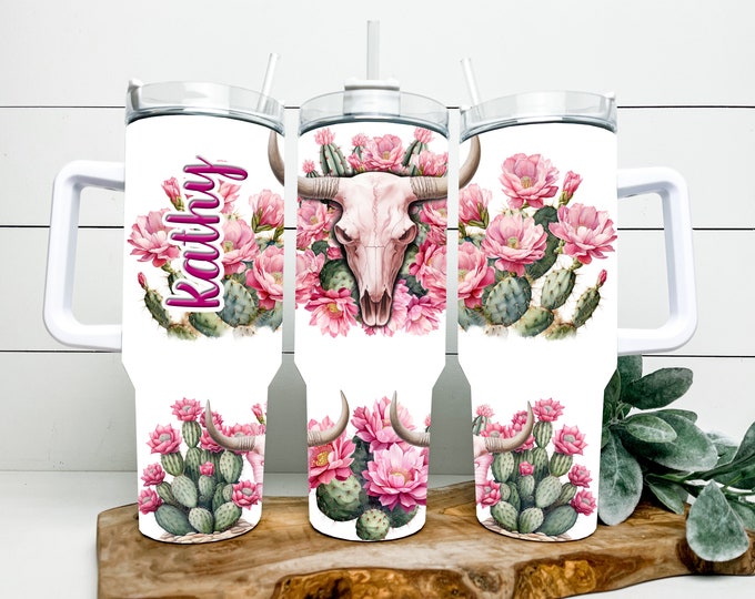 Western style pink flower, cactus, skull 40 ounce tumbler