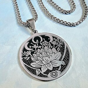 Lotus flower necklace, Gothic jewelry, moon phase pendant