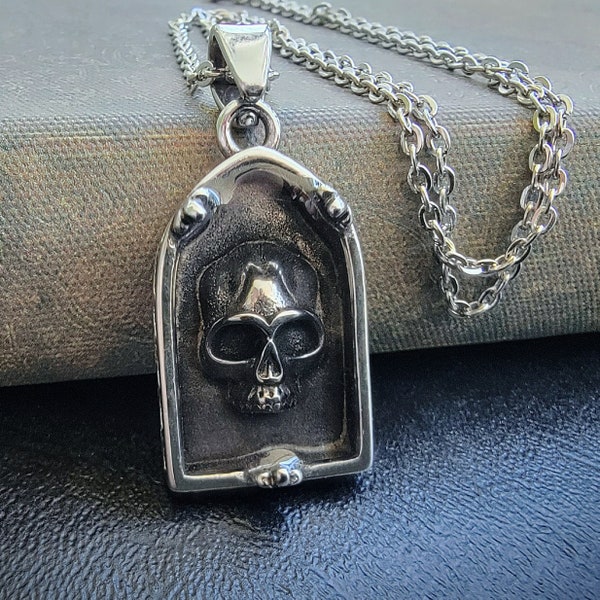 Embedded skull necklace, Gothic jewelry, tombstone pendant, Memento Mori