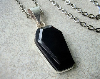 Black onyx coffin necklace, Gothic jewelry, sterling silver coffin pendant