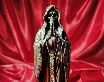 Bronze Santa Muerte with rosary, Santa Muerte altar statue