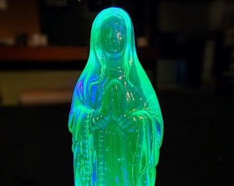 Radioactive Virgin Mary, uranium glass figurine, vaseline glass figure -Green