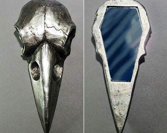 Raven skull hand mirror, Gothic decor, silver coffin mirror