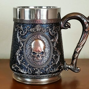 Skull beer stein, Gothic kitchen, ornate skull mug