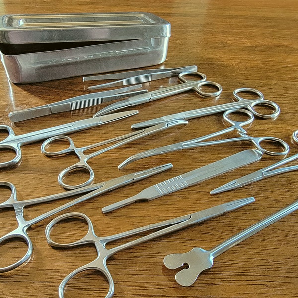 12 Piece surgical tool set with case, oddities curiosities, vintage medical style instruments