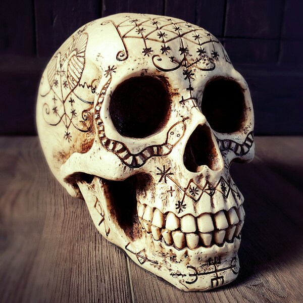 Voodoo skull, oddities curiosities, magic skull, carved human skull