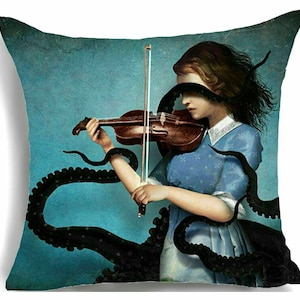 Surreal pillow case, Gothic decor, violin, octopus tentacles, unique decor