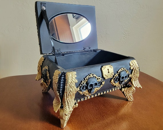 Black and Gold Skull Jewelry Box Gothic Decor Mirrored Trinket