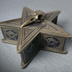 Raven skull pentagram bronze jewelry box, Gothic decor, Celtic style pentacle box