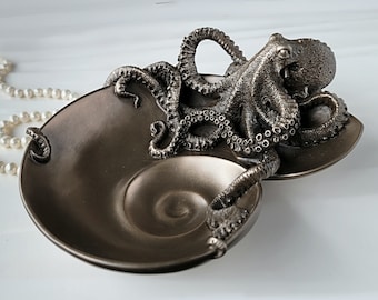 Bronze octopus vanity tray, sea shell bowl, ocean decor