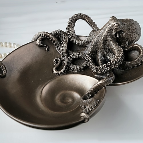 Plateau de vanité poulpe en bronze, bol de coquillages, décor océan