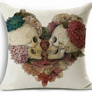 Floral heart skull pillow case, Gothic decor, skull pillow