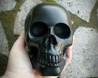 Flat black skull, Gothic decor, carved human skull