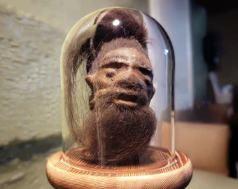 Miniature shrunken head, oddities curiosities, real leather and hair, 3 Inch