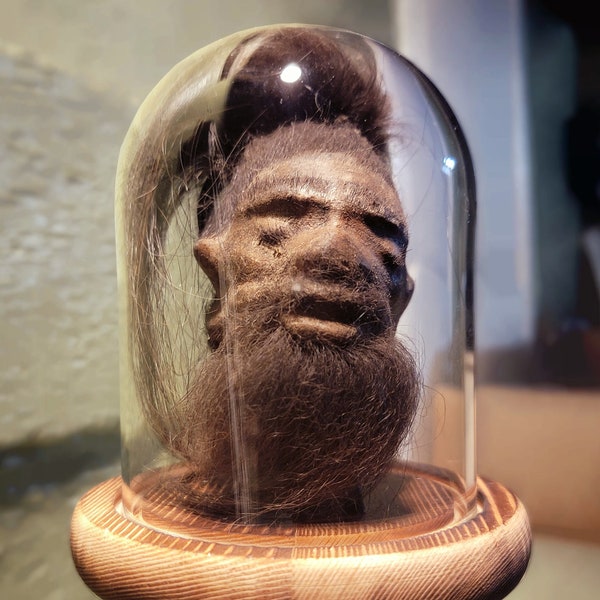 Miniature shrunken head, oddities curiosities, real leather and hair, 3 Inch