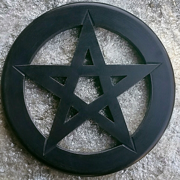 Black pentacle wall hanging, wooden pentagram altar tile, occult decor