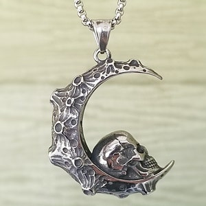 Crescent moon skull necklace, Gothic jewelry, skull moon pendant