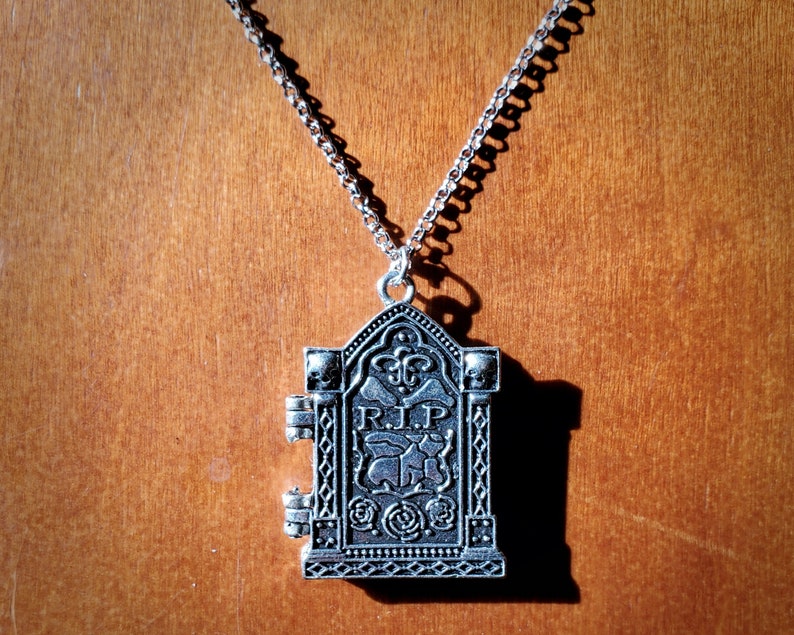 R.I.P. Locket Tombstone Necklace Skulls Halloween Pendant image 3