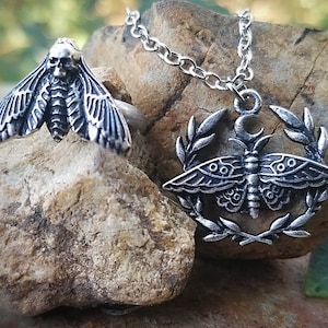 Moth jewelry set, Gothic jewelry, death head moth ring, crescent moon necklace