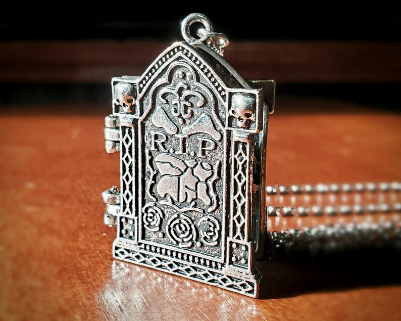 R.I.P. Locket Tombstone Necklace Skulls Halloween Pendant image 1