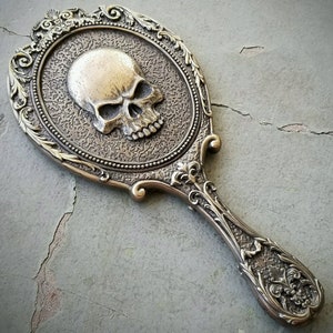 Skull hand mirror, Gothic decor, bronze skull mirror
