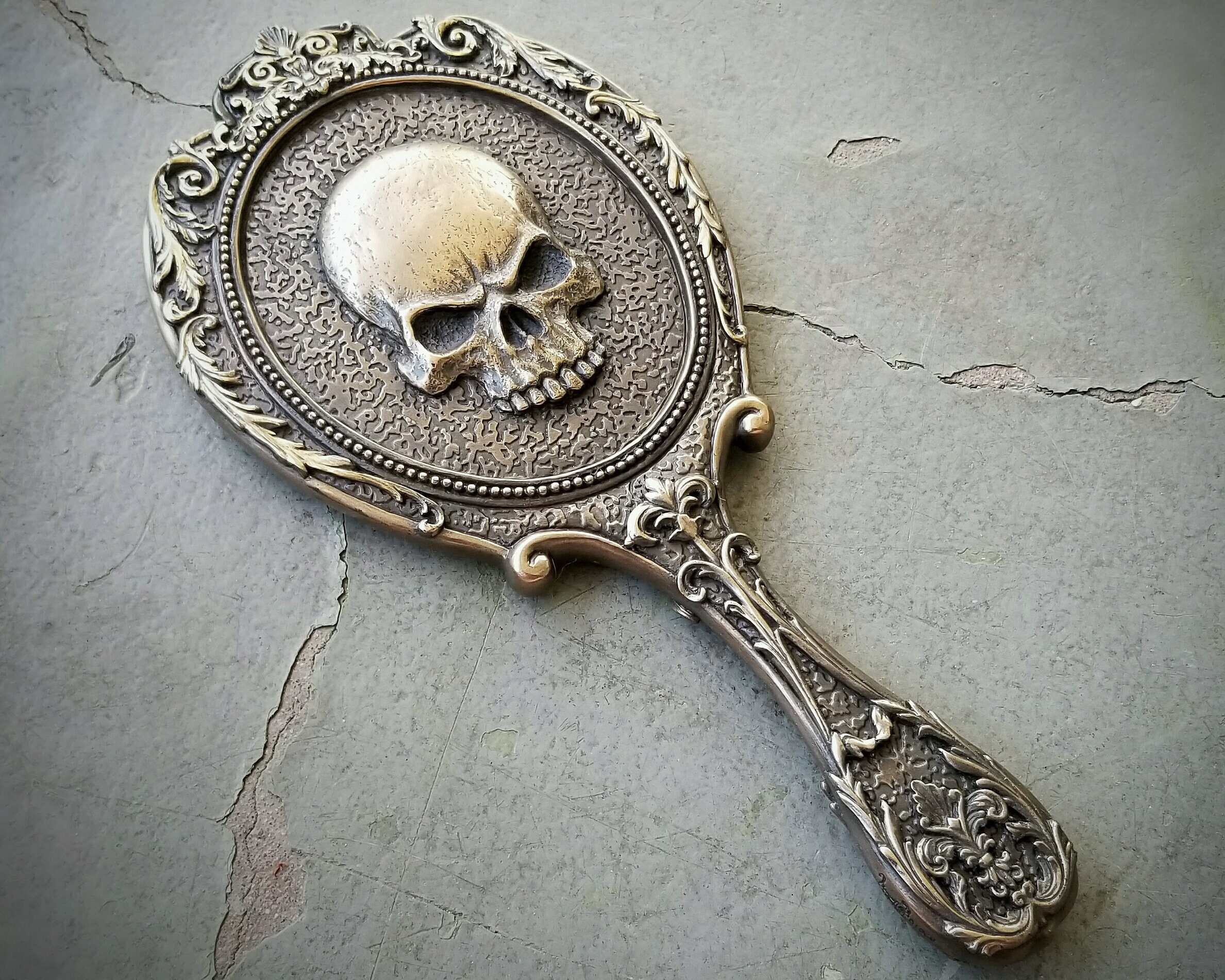 Skull Hand Mirror Gothic Decor Bronze Skull Mirror Etsy