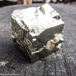 May include: A large, metallic, gold-colored pyrite crystal with a cubic shape. The crystal has a rough, textured surface and is sitting on a dark wooden surface.