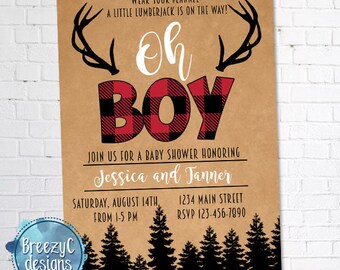 Oh Boy Deer Baby Shower Uitnodiging, Digitaal bestand, Buffalo Paid Invite, Lumberjack Invite