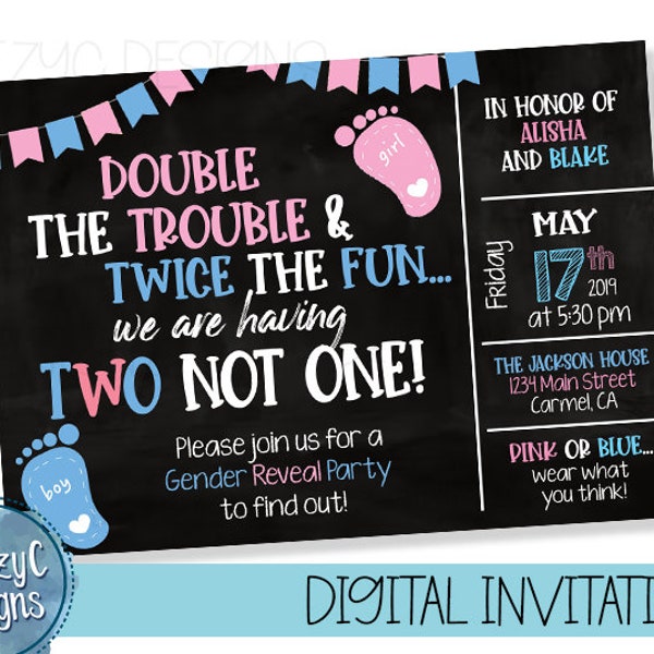 Twins Gender Reveal Invitation, Digital File, Gender Reveal Party