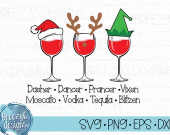 Christmas Wine Glass Reindeer Names  svg, eps  dxf, png, Instant Download, Holiday Cut File